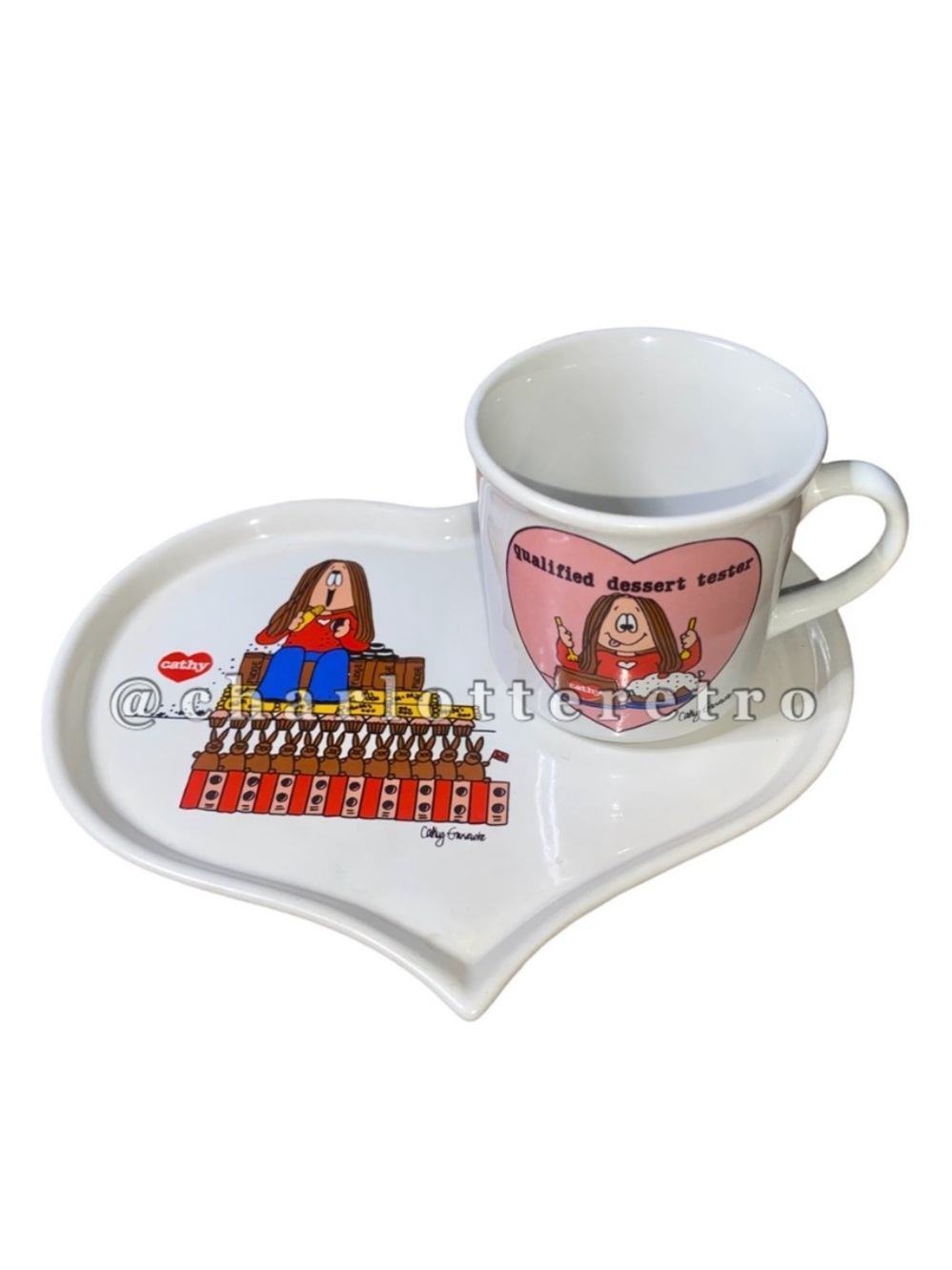 80s vtg Cathy Guisewite • Heart Shaped Plate and Demi Cup